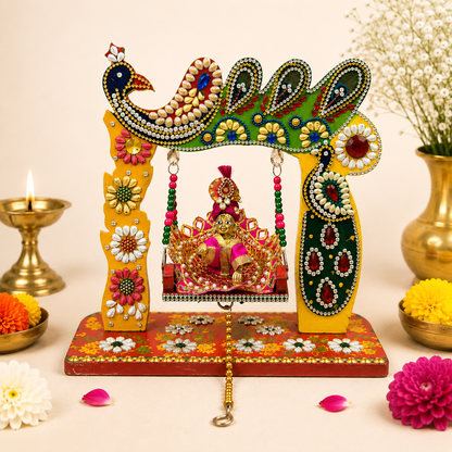 Beautiful Wooden Handicrafted Peacock Swing Jhula for Laddu Gopal Krishna for Home Mandir Temple