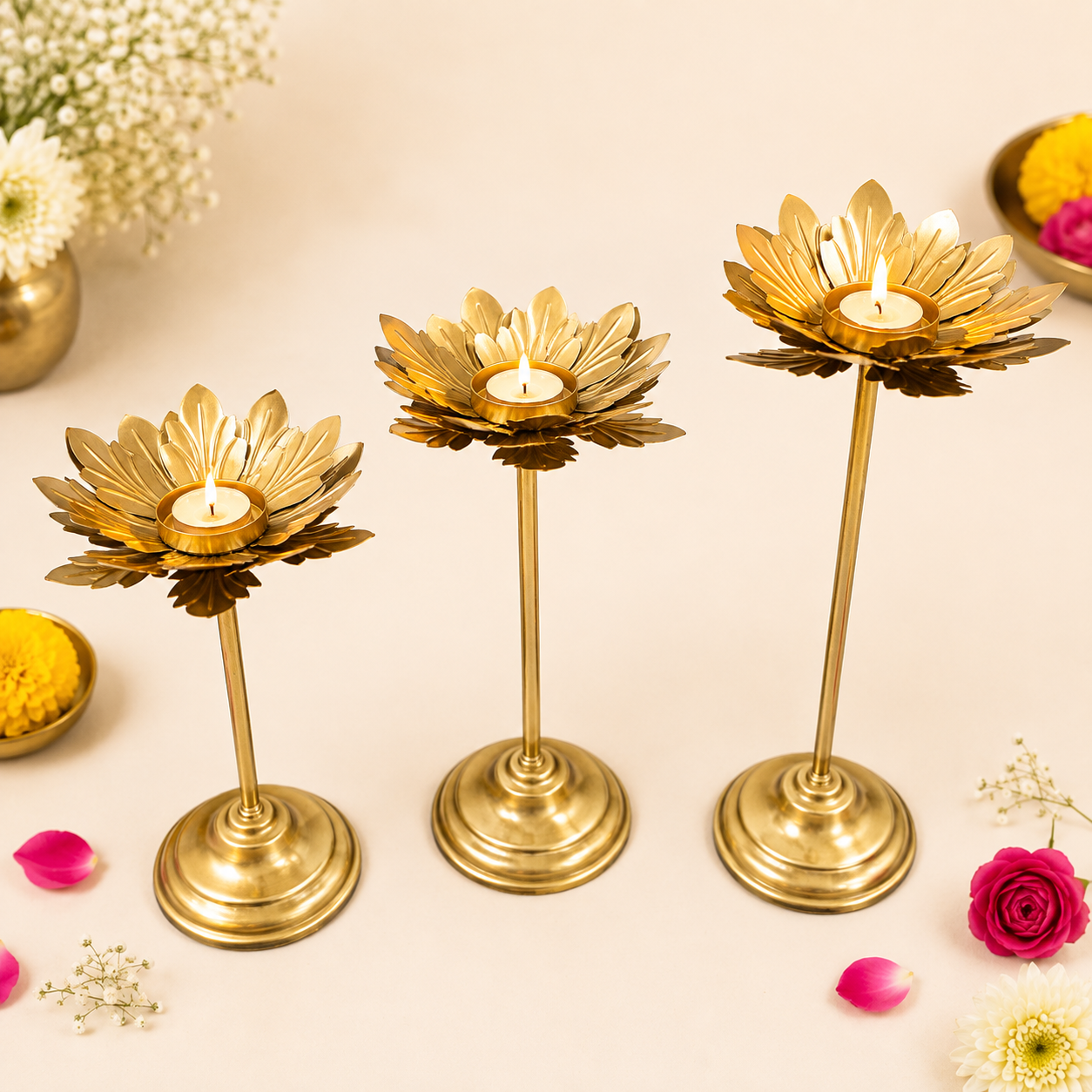 Flower Diya with Stand (Set Of 3)