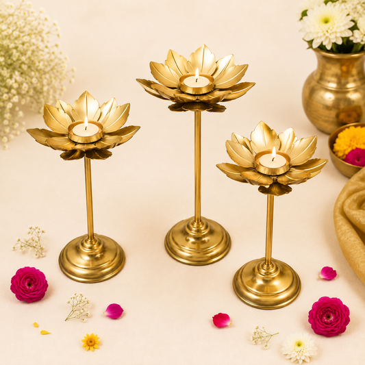 Lotus Diya with Stand (3 pieces) - Small