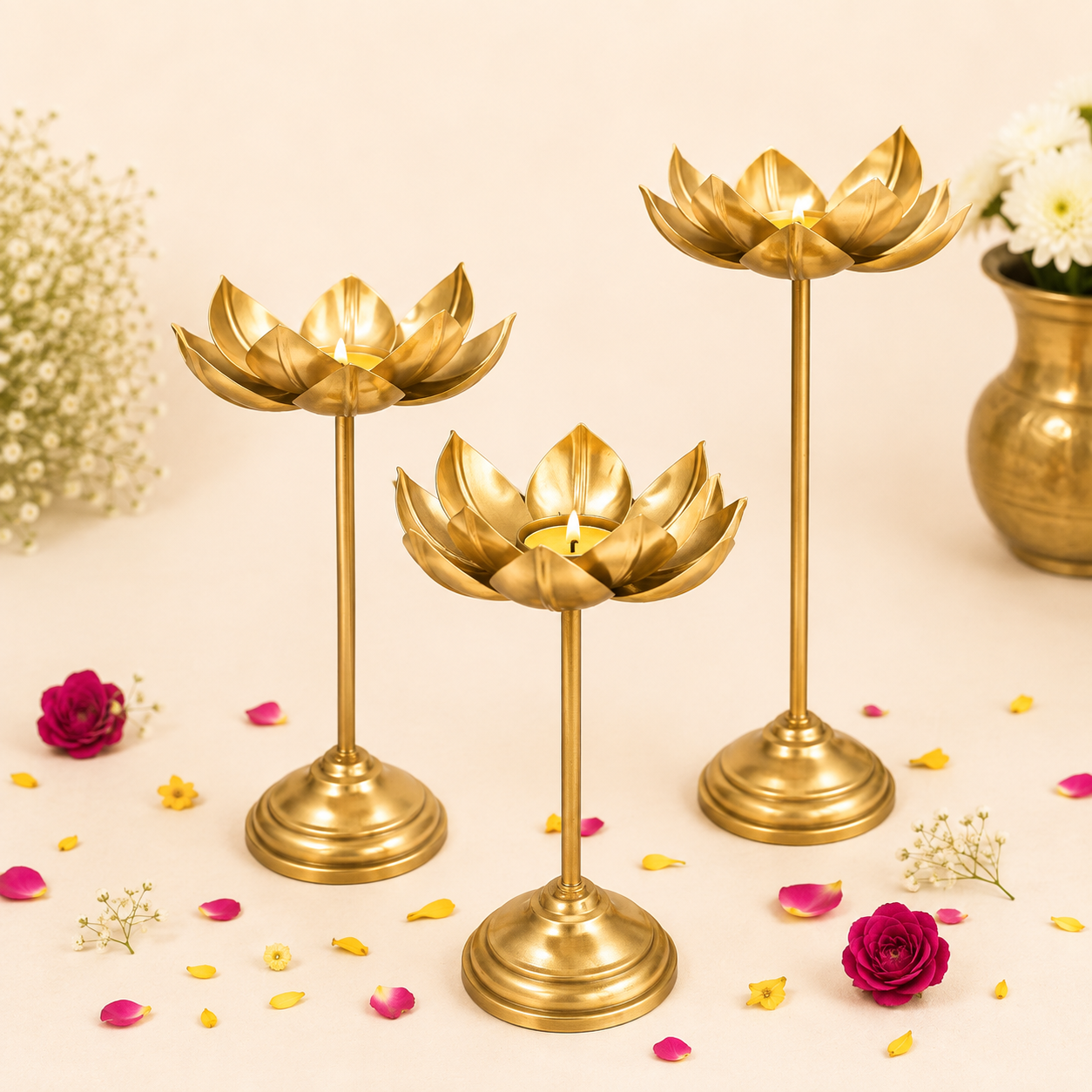Lotus Diya with Stand (3 pieces)