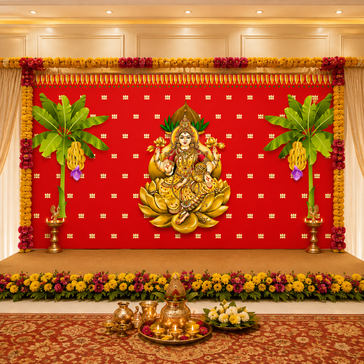 Traditional Varamahalakshmi Backdrop Cloth for Festival Decoration /Varamahalakshmi Pooja Event Home Decoration/Lakshmi Devi Size (5 x 8) FT