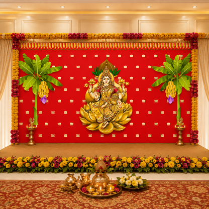 Traditional Varamahalakshmi Backdrop Cloth for Festival Decoration /Varamahalakshmi Pooja Event Home Decoration/Lakshmi Devi Size (5 x 8) FT