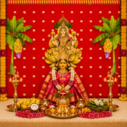 Traditional Varamahalakshmi Backdrop Cloth for Festival Decoration /Varamahalakshmi Pooja Event Home Decoration/Lakshmi Devi Size (5 x 8) FT