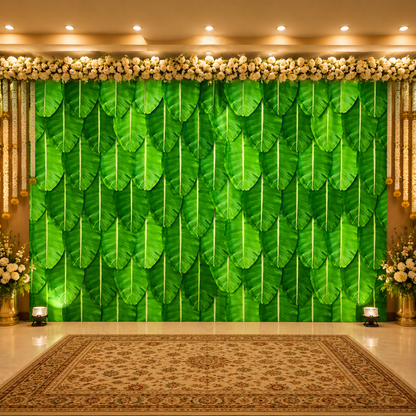South indian Wedding Backdrop Cloth Banana Leaf for Festivals/House Hold Functions/Ceremonies Banana Leaf Design(Aaritaku) Size (5x8) FT
