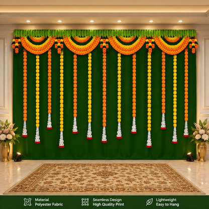 Hanging Flower with Green Grass Background Design Backdrop Curtain for Decoration Backdrop for Pooja Decoration Traditional Size (5x8)FT