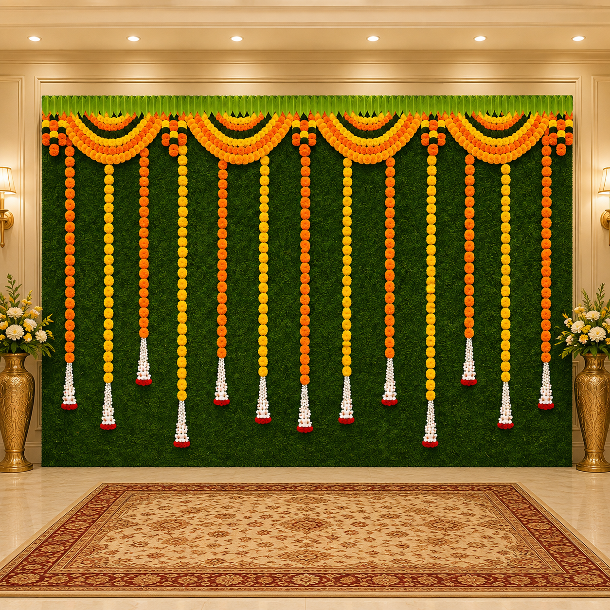 Hanging Flower with Green Grass Background Design Backdrop Curtain for Decoration Backdrop for Pooja Decoration Traditional Size (5x8)FT