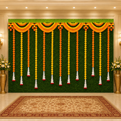 Hanging Flower with Green Grass Background Design Backdrop Curtain for Decoration Backdrop for Pooja Decoration Traditional Size (5x8)FT