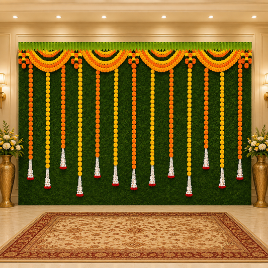 Hanging Flower with Green Grass Background Design Backdrop Curtain for Decoration Backdrop for Pooja Decoration Traditional Size (5x8)FT