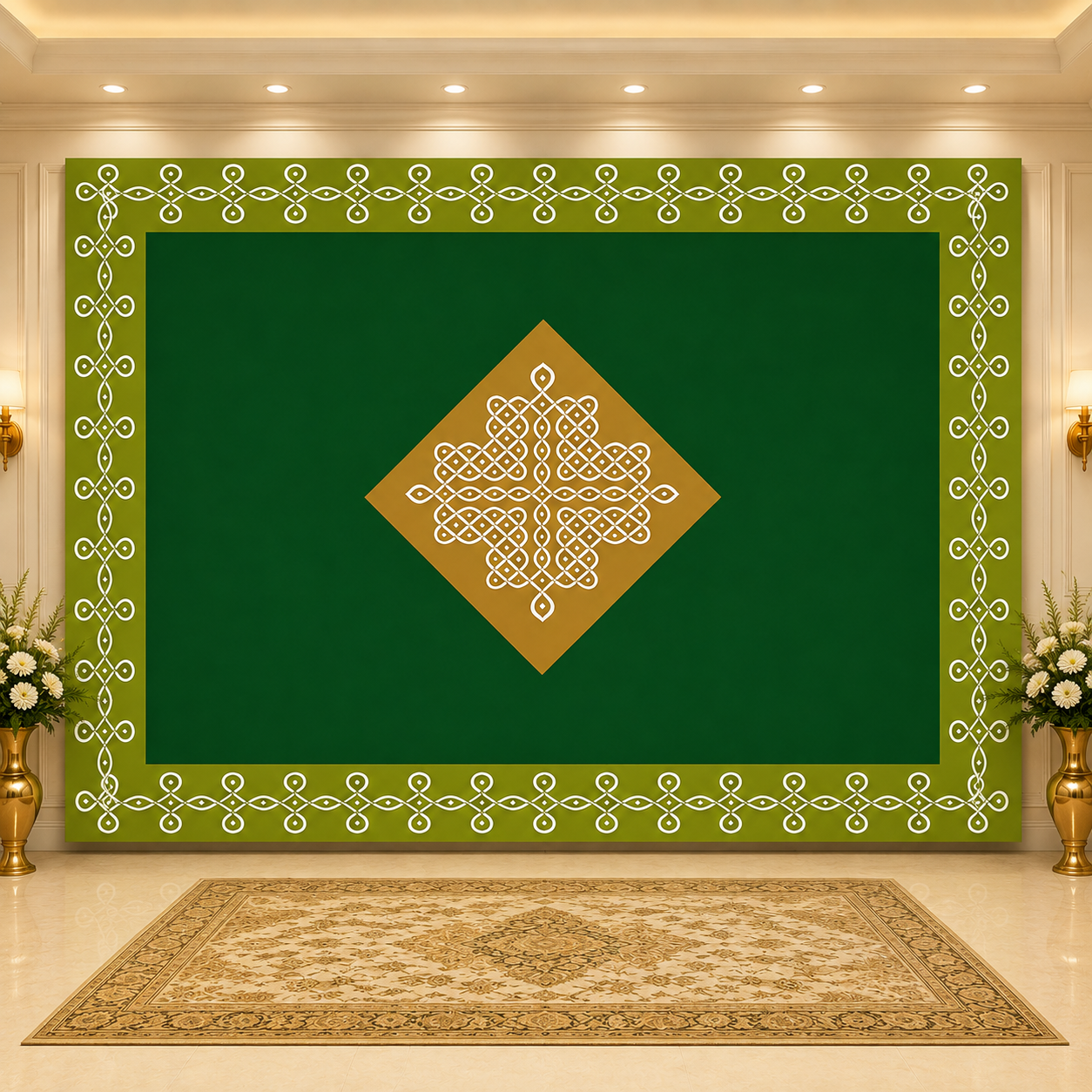 Indian Tradition Green Kollam Design Decoration Backdrop Cloth for Pooja Decoration Traditional Background Curtain Cloth Size (5x8) FT