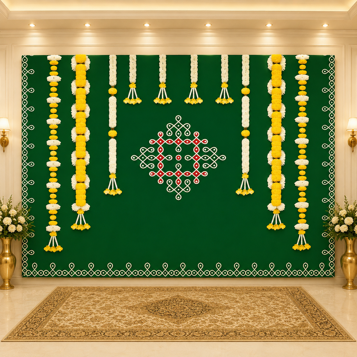 Marigold flower with Hanging white flower Backdrop Curtain for Decoration Backdrop Cloth for Pooja Decoration Traditional Size (5x8) FT