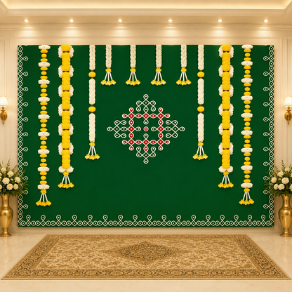 Marigold flower with Hanging white flower Backdrop Curtain for Decoration Backdrop Cloth for Pooja Decoration Traditional Size (5x8) FT