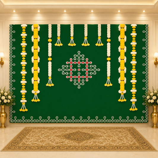 Marigold flower with Hanging white flower Backdrop Curtain for Decoration Backdrop Cloth for Pooja Decoration Traditional Size (5x8) FT