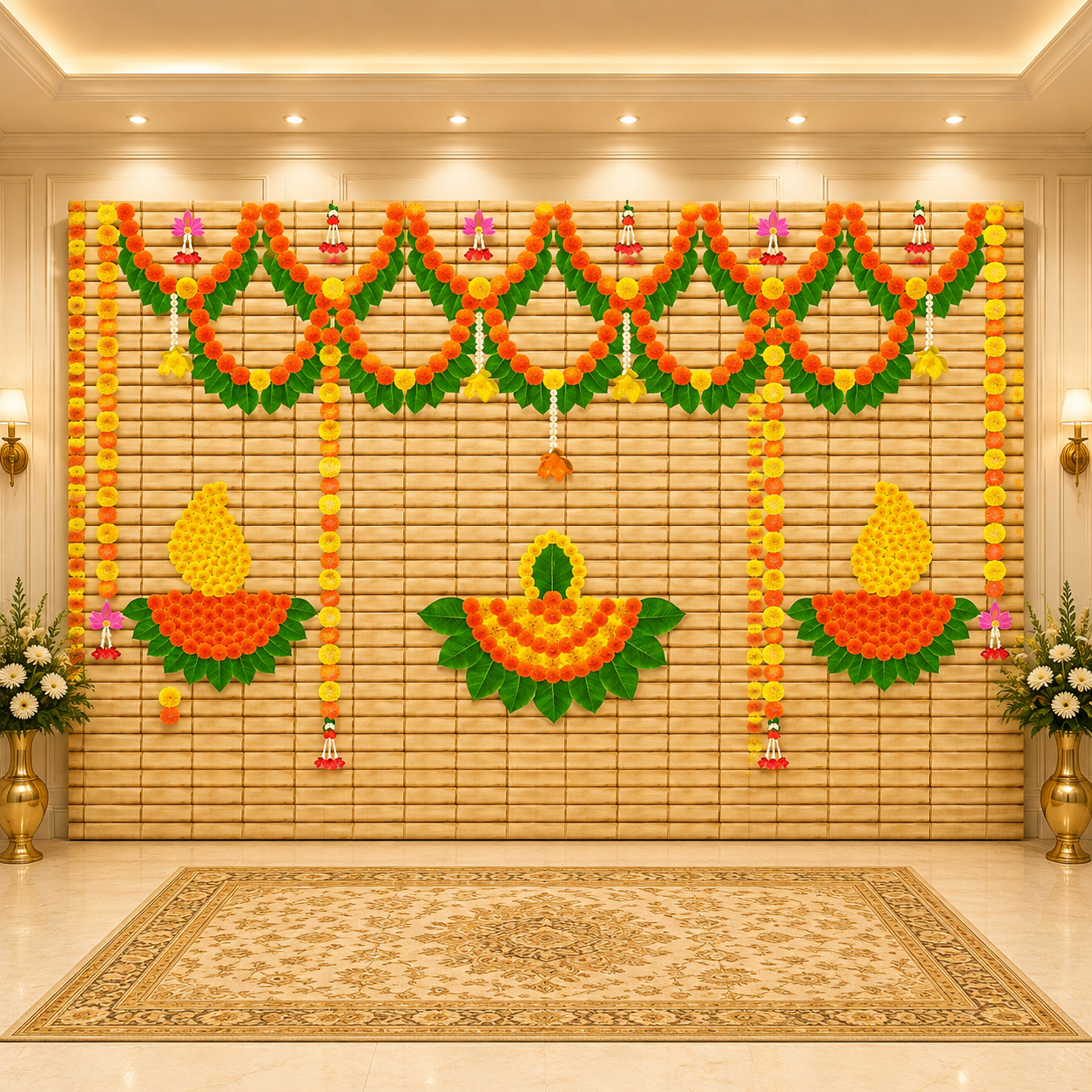 Marigold flower with flower and leaf Diya Backdrop Curtain for Decoration Backdrop Cloth for Pooja Decoration Traditional Size (5x8) FT