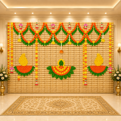 Marigold flower with flower and leaf Diya Backdrop Curtain for Decoration Backdrop Cloth for Pooja Decoration Traditional Size (5x8) FT