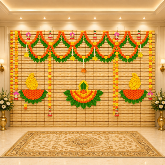 Marigold flower with flower and leaf Diya Backdrop Curtain for Decoration Backdrop Cloth for Pooja Decoration Traditional Size (5x8) FT