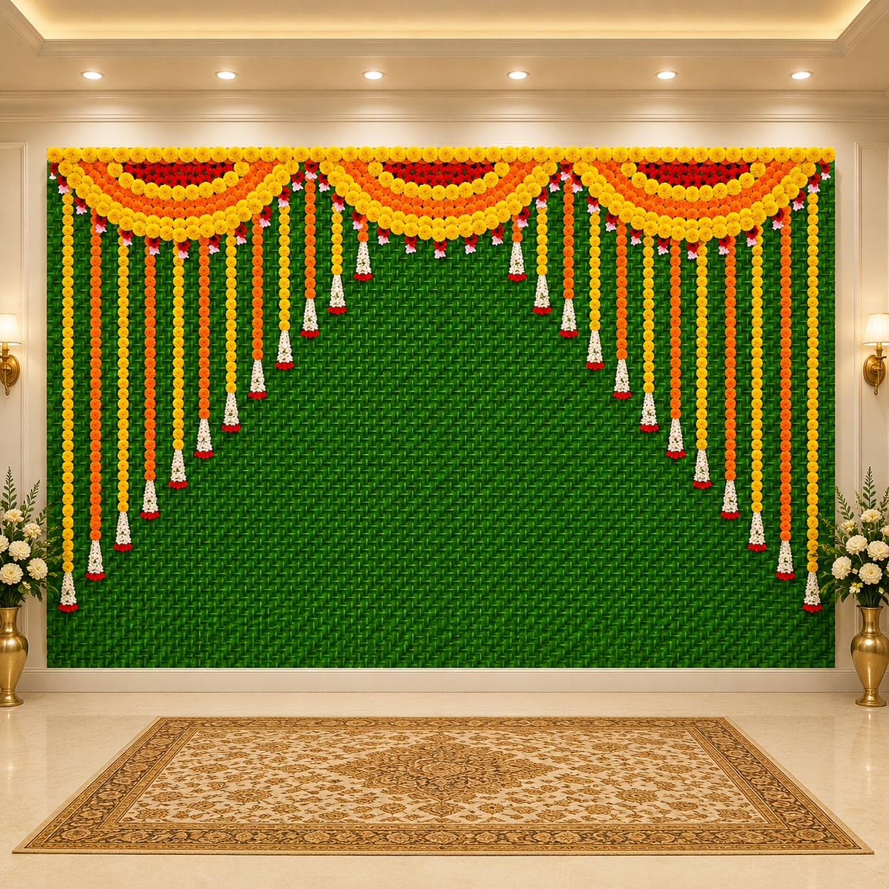 Hanging Marigold Flower and Weaved Coconut Leaf(Kobbariaaku) Design Backdrop Cloth for Pooja Decoration Traditional Background Size (5x8)FT