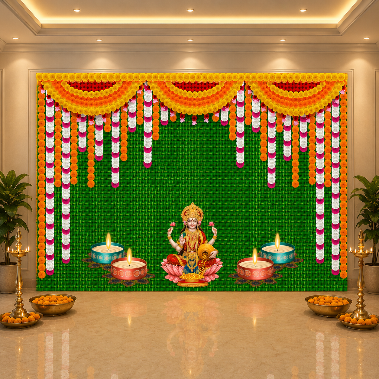 Weaved Coconut Leaf with Flower Goddess Laxmi Mata With Diya Lamp Design Backdrop for Pooja Decoration Traditional Deepavali Size (5x8) FT