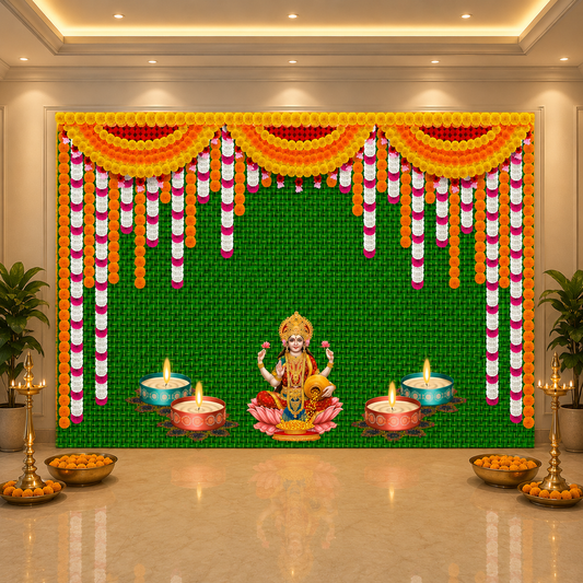 Weaved Coconut Leaf with Flower Goddess Laxmi Mata With Diya Lamp Design Backdrop for Pooja Decoration Traditional Deepavali Size (5x8) FT