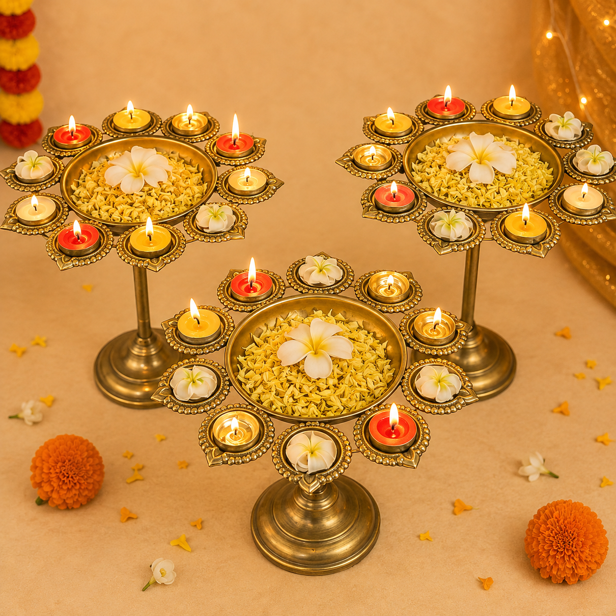 Golden Diya Stand Urli Set