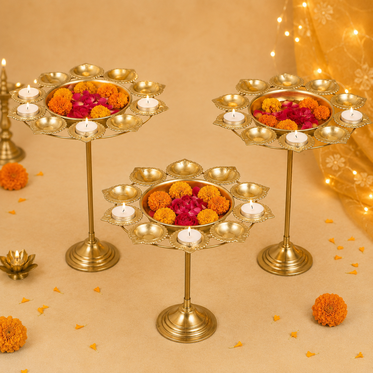 Golden Diya Stand Urli Set