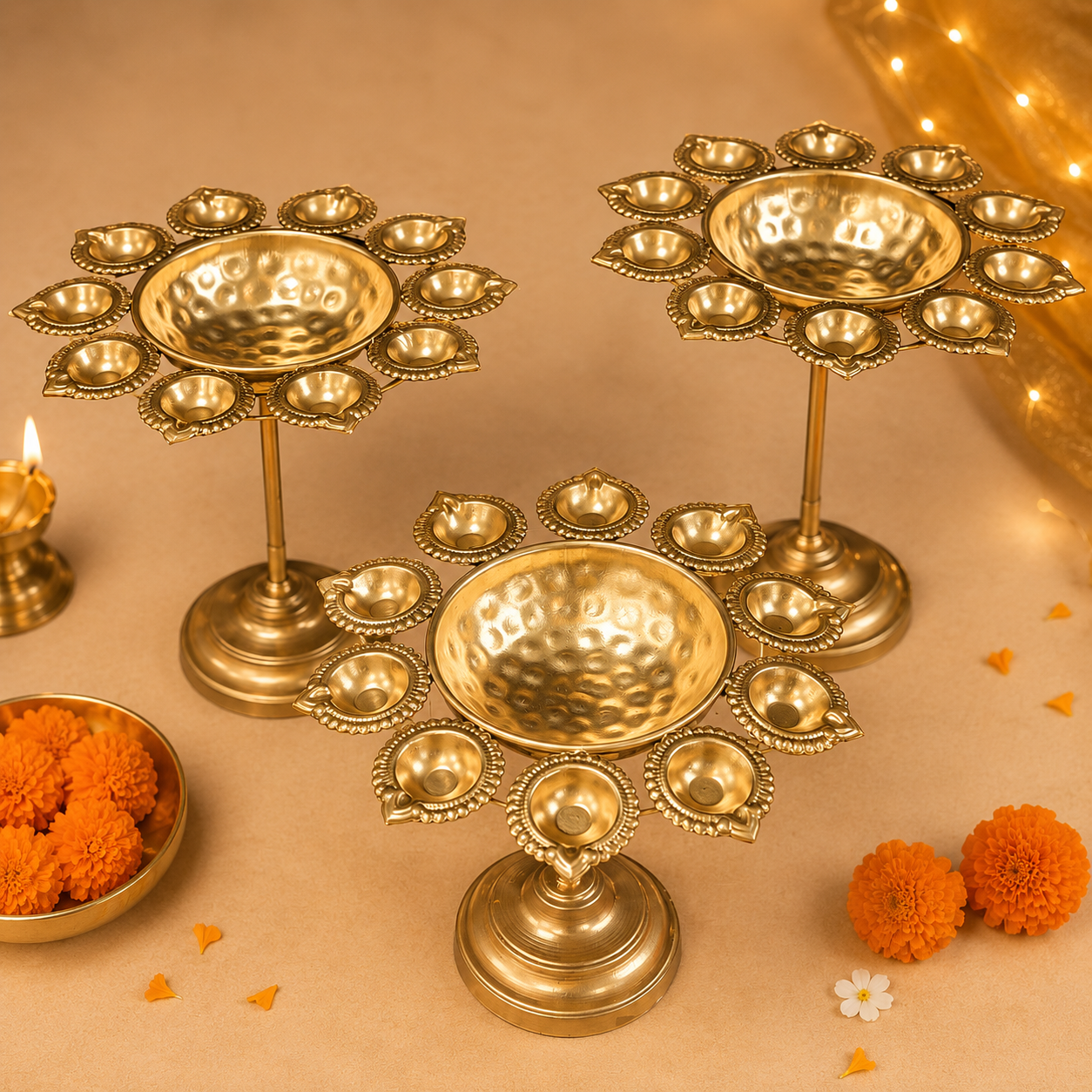 Golden Diya Stand Urli Set