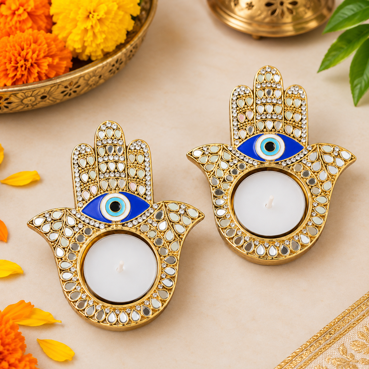 Evil Eye Mirror T Light Holder (Set Of 2)