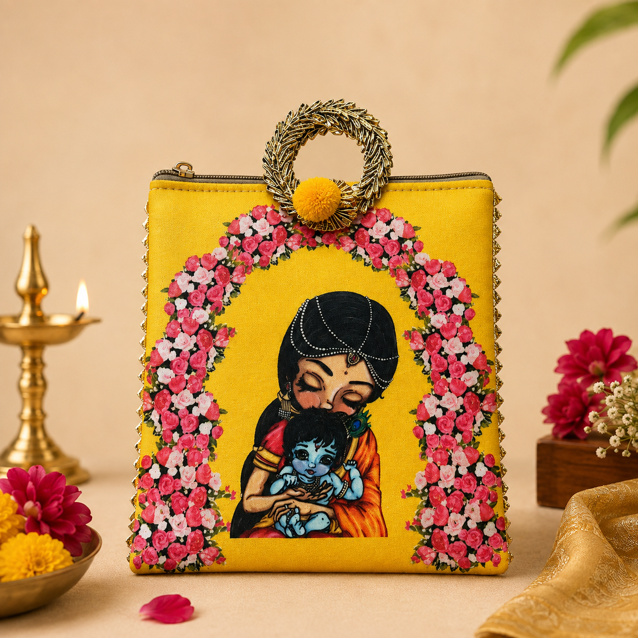 Krishna And Yashoda Maa Zipper Bag | Babyshower Giftbag | Housewarming Giftbag | Indian Favor Bag | Festive Gift Bag