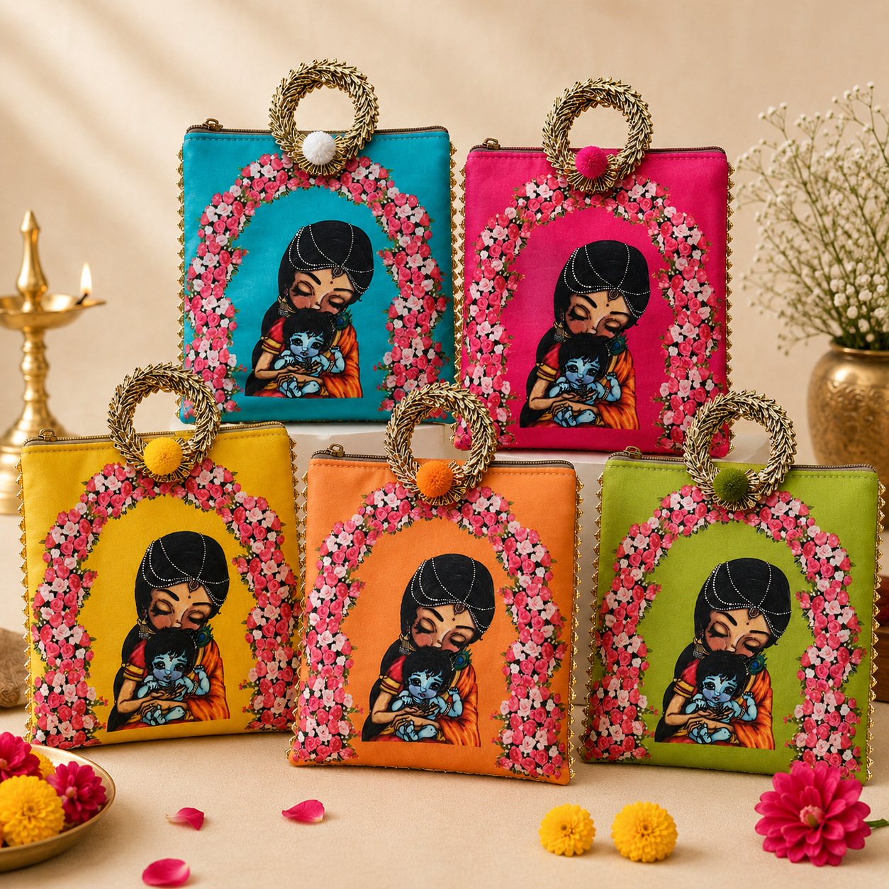 Krishna And Yashoda Maa Zipper Bag | Babyshower Giftbag | Housewarming Giftbag | Indian Favor Bag | Festive Gift Bag