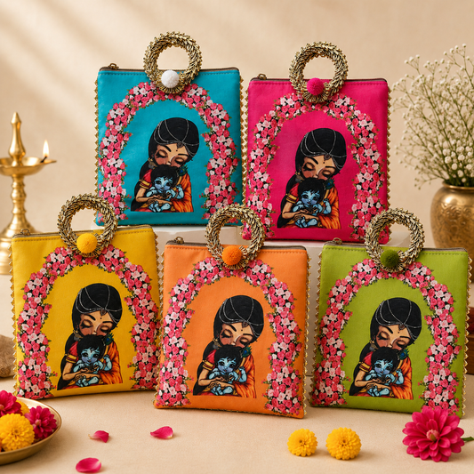 Krishna And Yashoda Maa Zipper Bag | Babyshower Giftbag | Housewarming Giftbag | Indian Favor Bag | Festive Gift Bag