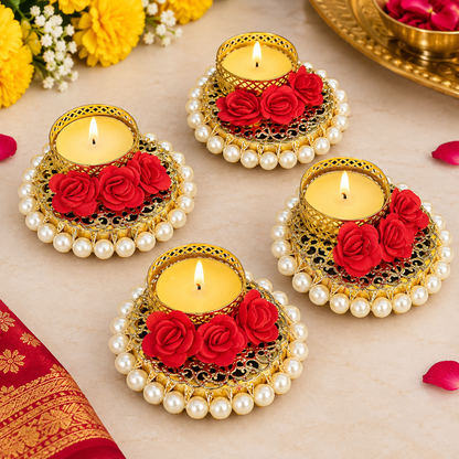 (Set Of 2) Pearl Bangle And Flower Tea Light Holder