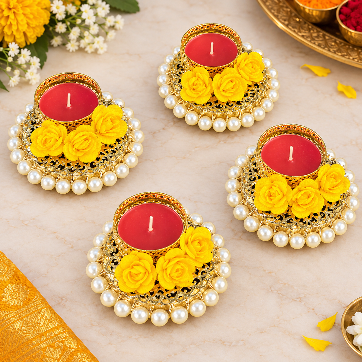 (Set Of 2) Pearl Bangle And Flower Tea Light Holder