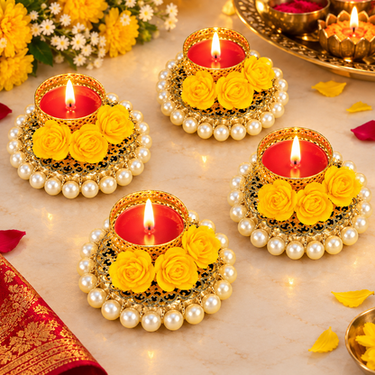 (Set Of 2) Pearl Bangle And Flower Tea Light Holder
