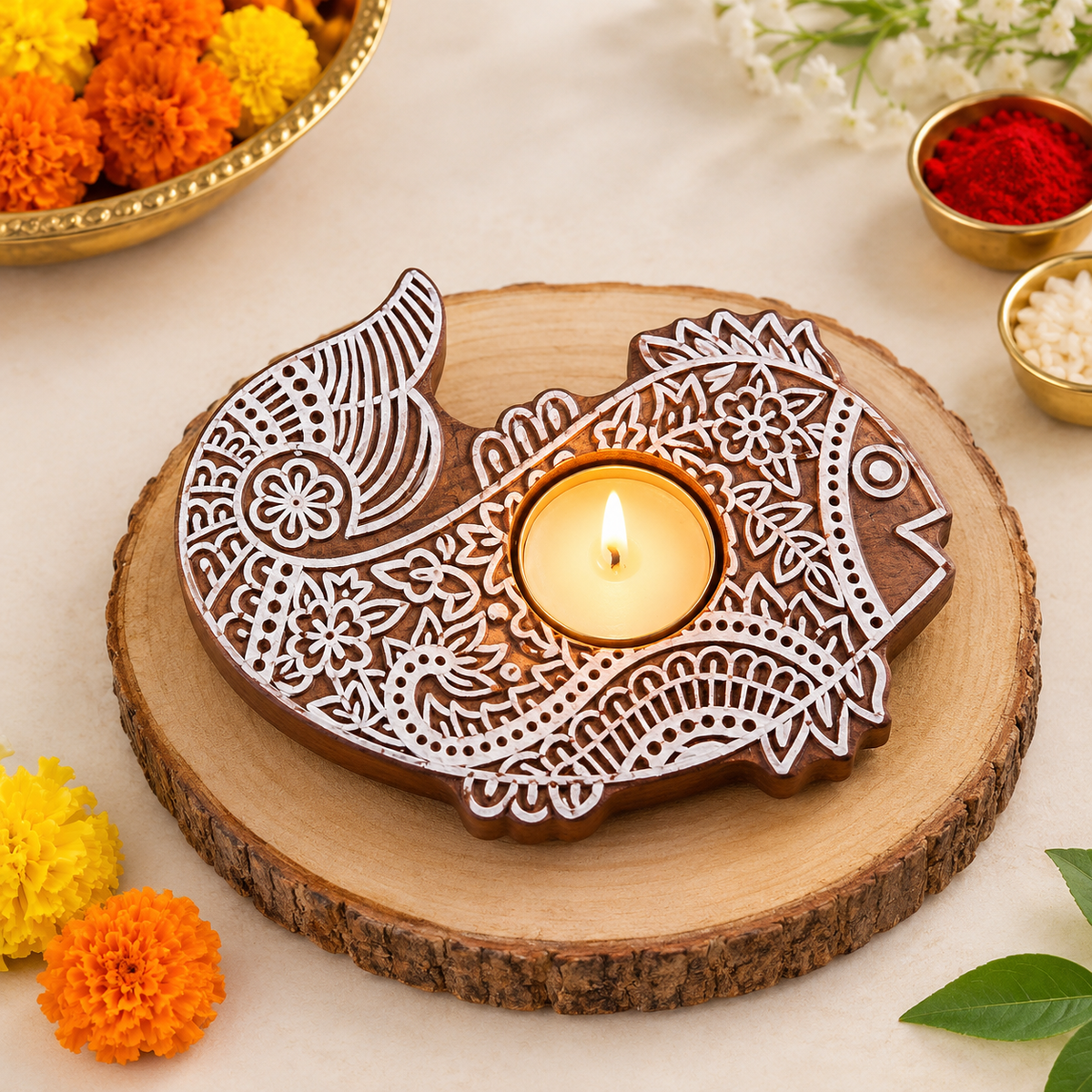 Fish Shaped Wooden Block Tea Light Holder