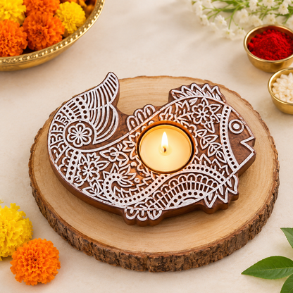 Fish Shaped Wooden Block Tea Light Holder
