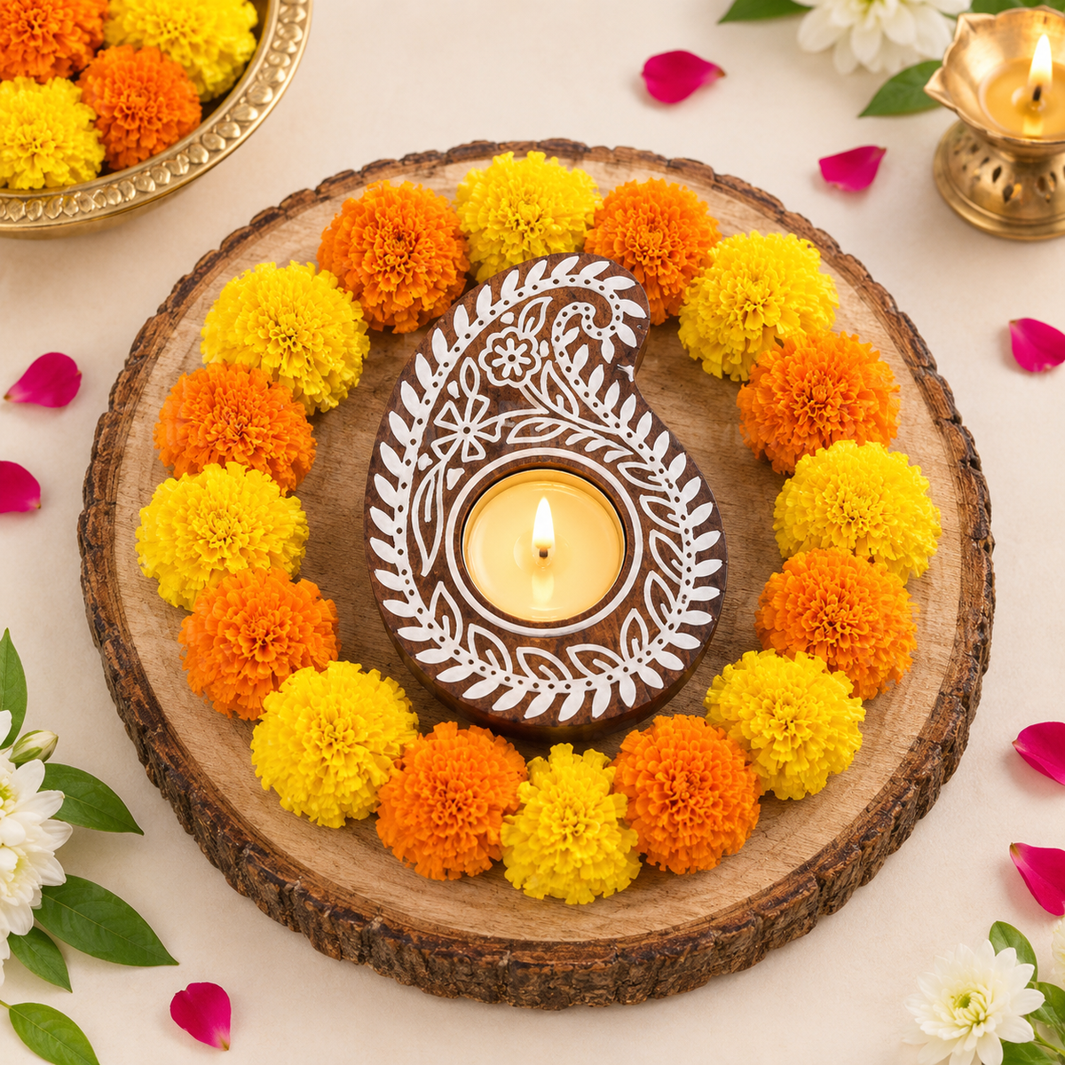Paisley Shaped Wooden Block Tea Light Holder