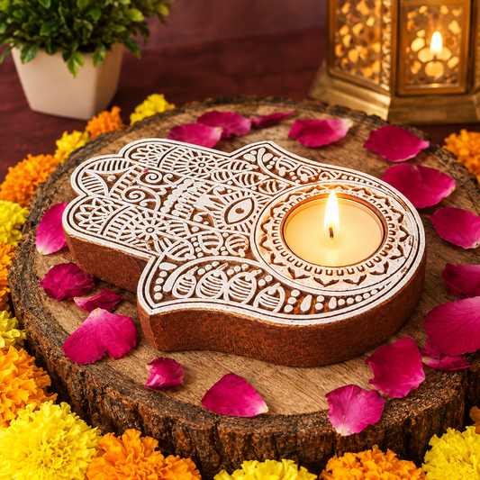 Hamsa Hand Shaped Wooden Block Tea Light Holder