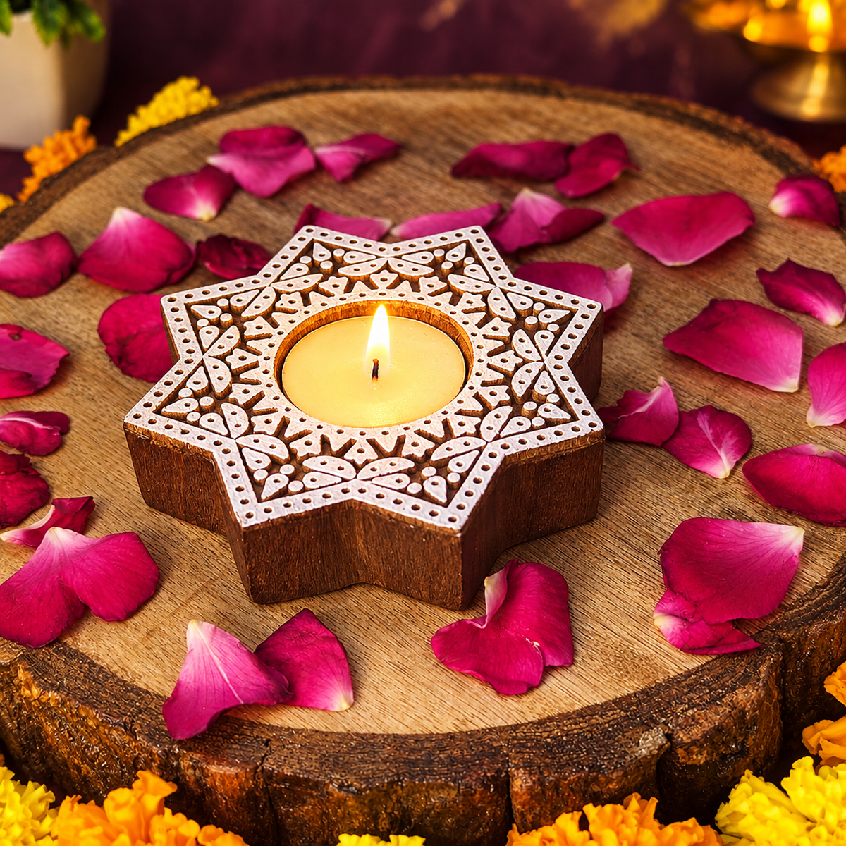 Star Shaped Wooden Block Tea Light Holder