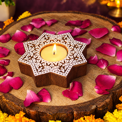 Star Shaped Wooden Block Tea Light Holder