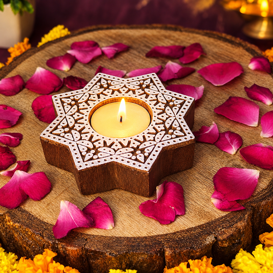 Star Shaped Wooden Block Tea Light Holder