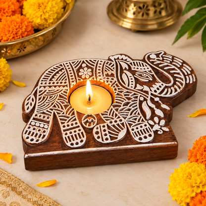 Elephant Shaped Wooden Block Tea Light Holder