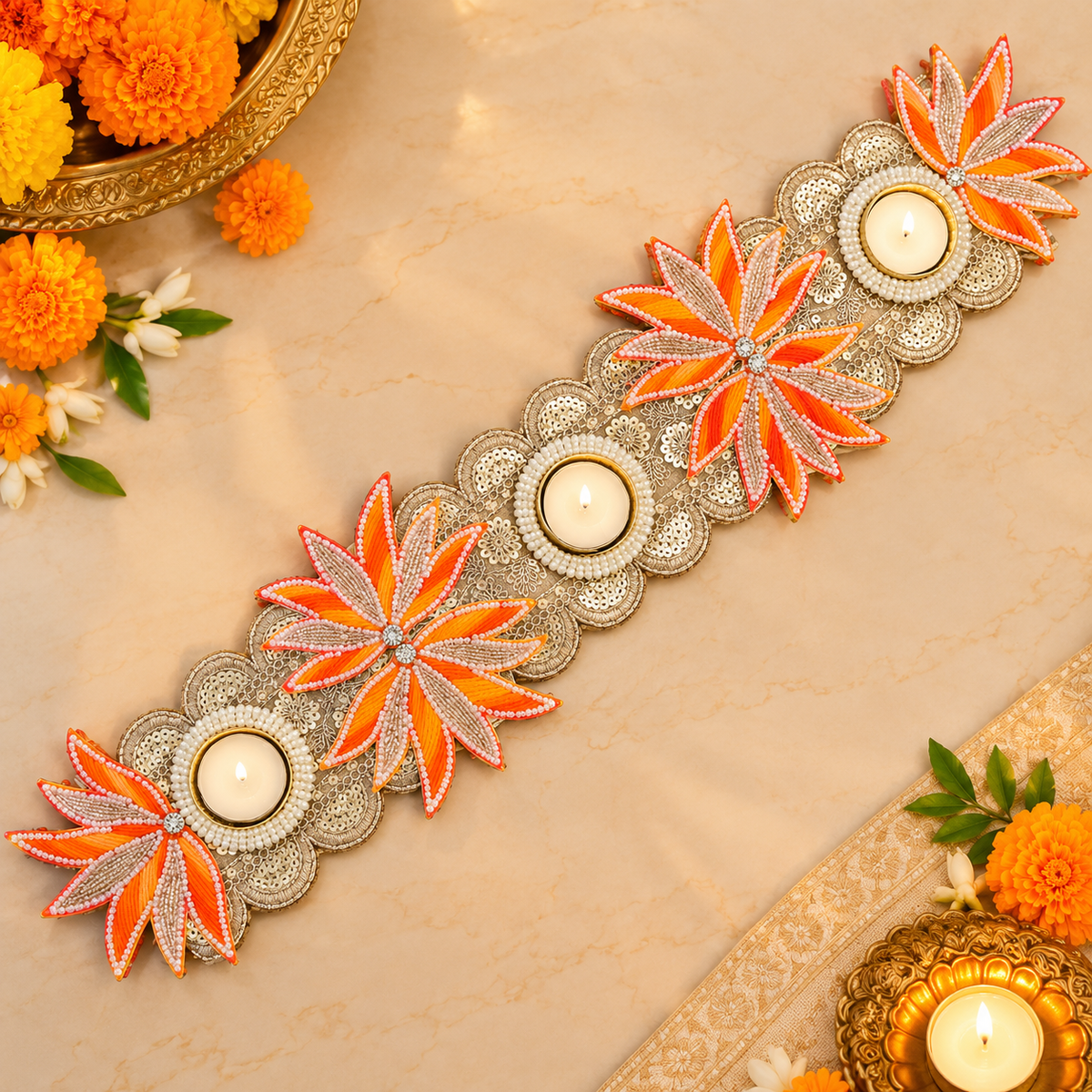 Orange Floral Tealight Table Runner