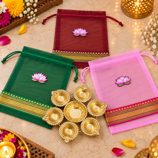 Lotus Cut Brocade Border Potli Bag with Diya Urli