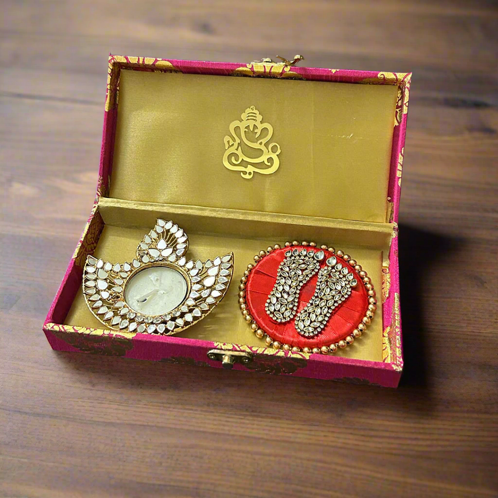 Mirror Diya And Laxmi Charan Giftbox With Ganesha Motif