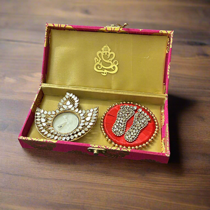 Mirror Diya And Laxmi Charan Giftbox With Ganesha Motif