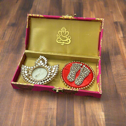 Mirror Diya And Laxmi Charan Giftbox With Ganesha Motif