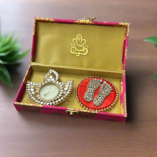 Mirror Diya And Laxmi Charan Giftbox With Ganesha Motif