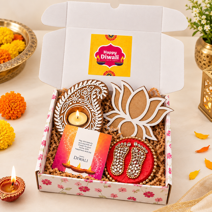 Rangoli Diwali Hamper | Wooden Diya, MDF Lotus Rangoli Stencil & Laxmi Charan