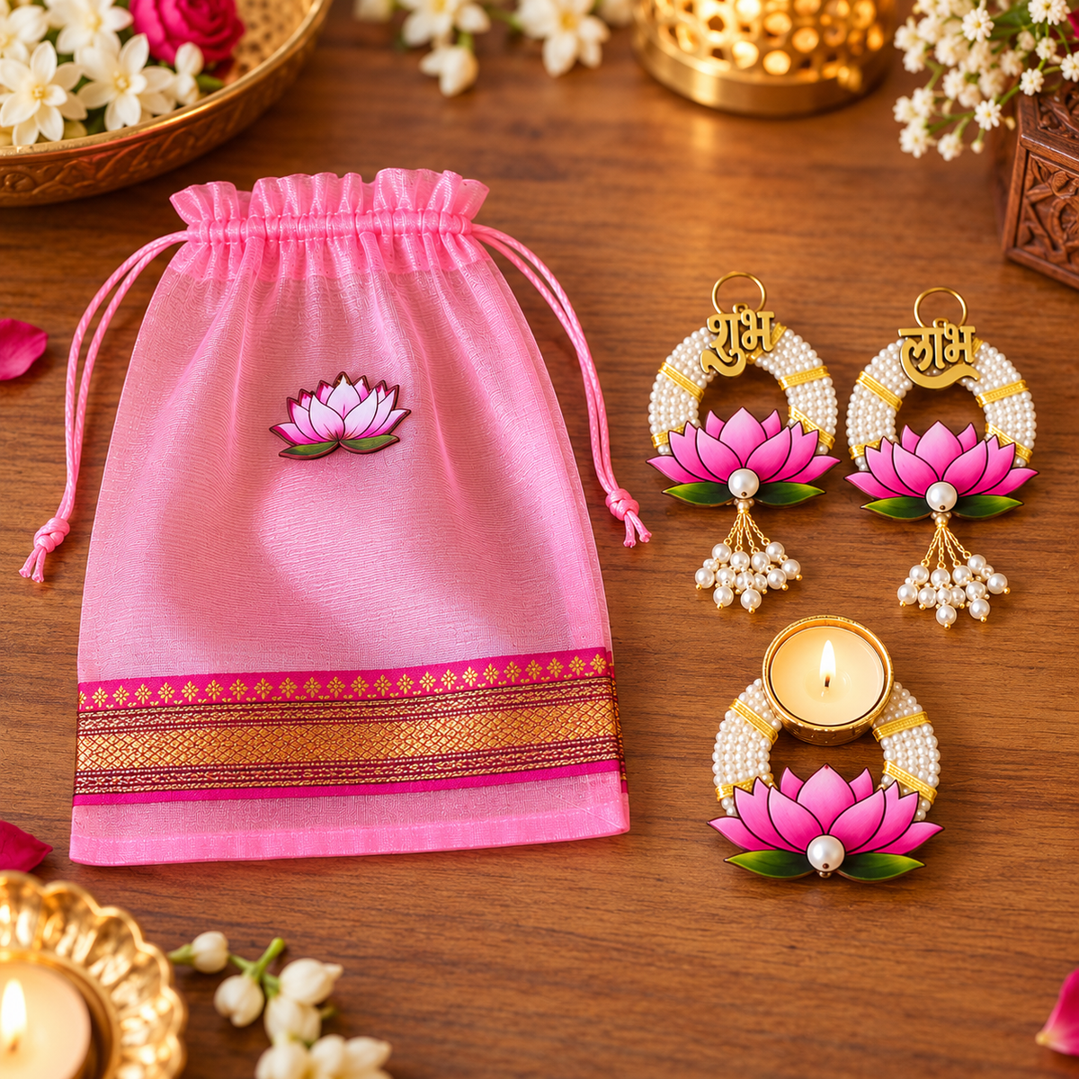 Elegant Pink Lotus Diwali Gift Set | Shubh Labh Hangings, Decorative Tealight Diya & Pink Gift Bag | Festive Home Décor & Gifting