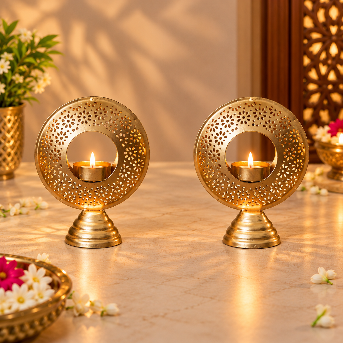 Golden Metal Tealight Candle Holder (Set of 2)