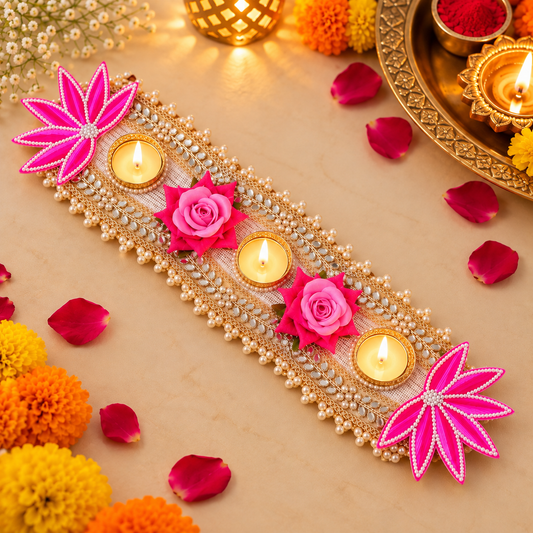Pink lotus Diwali Table Runner